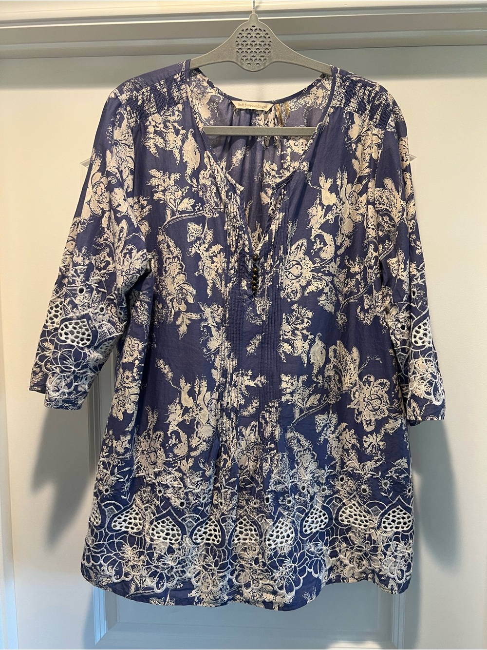 Soft Surroundings Navy and Cream Floral Tunic Blouse XL